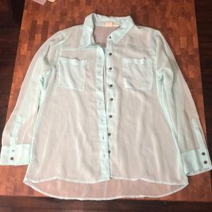 Sheer Teal Blouse w/ Functioning Buttons & Pockets